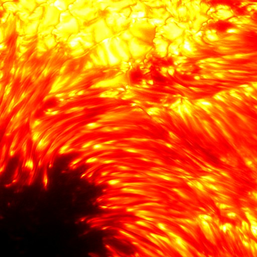  This is a section of a high resolution image of the sun. The image is displayed in false color. The highest values are displayed in white, followed by yellow and red. The lowest values are in black. This image shows part of a largest sunspot recorded on 15 July 2002 with the Swedish 1-m Solar Telescope on La Palma. This image was post-processed using a phase-diversity technique providing the highest resolution of the sun ever recorded.